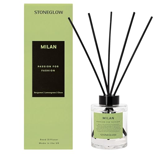 Image of Stoneglow Explorer Collection Milan Passion For Fashion Scented Reed Diffuser 150ml, Bergamot Lemongrass Clove, Premium Air Freshener, Lasts 12 Weeks, Refillable, 10 Rattan Reed Diffuser Sticks