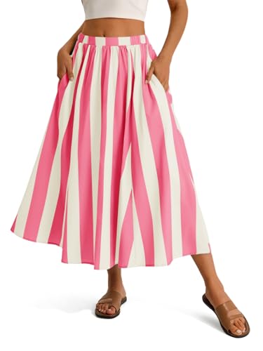 Image of Cicy Bell Womens Summer Striped Maxi Skirts A-Line Beach Vacation Outfits | Elastic Waist, Side Pockets, Flowy, Midi Length, Color Contrast, Trendy Casual