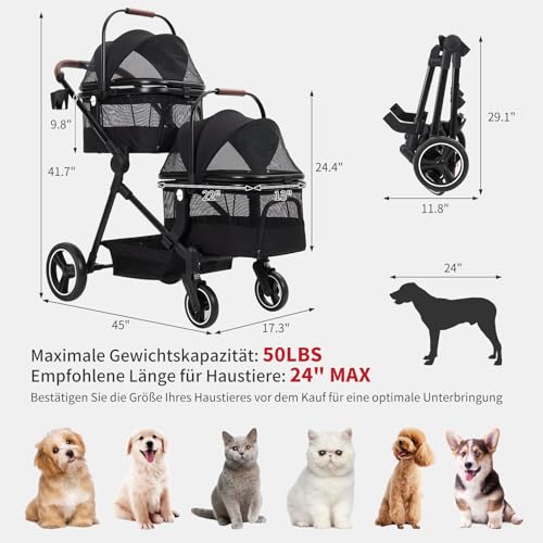 Zstar Hundewagen Hundebuggy Faltbarer Haustierwagen mit 2 Abnehmbaren Hundebox Tasche für Zwei Kleinen Hunden Katzen, Belastbarkeit bis 15 kg pro Ebene