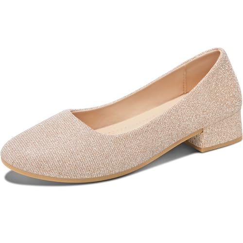 ALTOCIS Women’s Low Block Chunky Heels Pumps Ladies Elegant Closed Round Toe Pumps Shoes Low Office Pumps Shoes(Gold,US8)