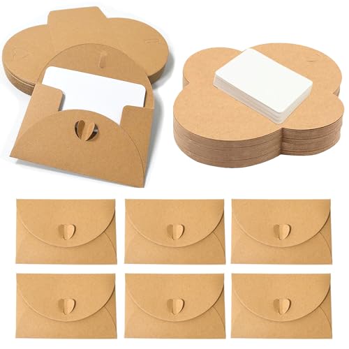 Zorplex 60 Mini Sobres de Papel Kraft con 60 Tarjetas en Blanco, Sobres con Cierre de Corazón, Ideales para Tarjetas de Regalo, DIY, Invitaciones y Fiestas(60)