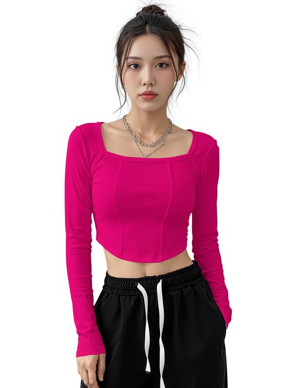 Dream Beauty Fashion Women’s Long Sleeve Slim Fit Crop Top/T-Shirt Square Neck Casual (Top-Avatar-1)