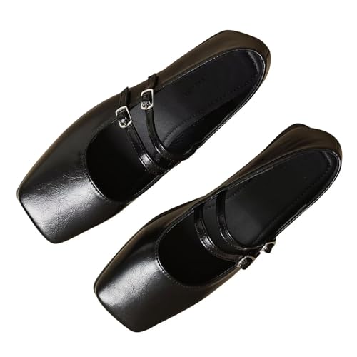 WENJIAZHIZHI Womens Squared Toe Mary Janes Adjustable Buckle Ballet Flats Solid Color Elegant Office Lady Low-Heels Wedding Dressy Shoes