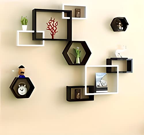 Image of Wooden handicrafts Wooden Stylish Wall Rack Shelves Set of Wall Shelves MDF -Medium Density Fiber Home Decoration Wall Decor (White Black, Hexa Interlock)