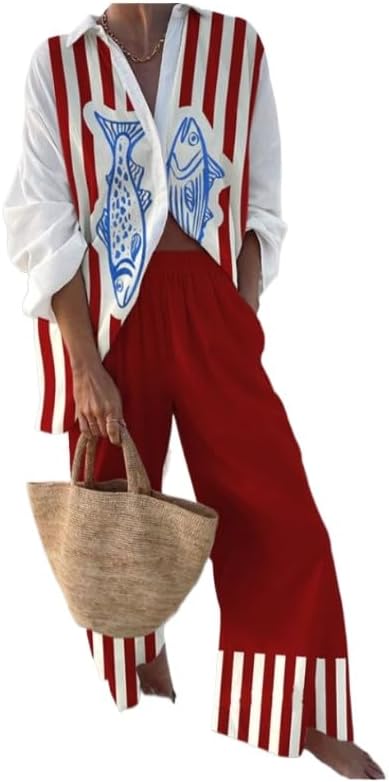 Women's printed long sleeved shirt wide leg pants set button cardigan beach vacation wide pants two-piece set