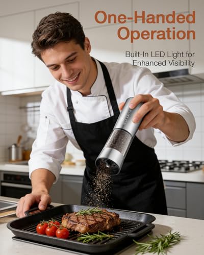Gravity Electric Salt and Pepper Grinder Set, Automatic Mills with Rechargeable Charging Base, Built-in LED Light & Stainless Steel Body — view 6