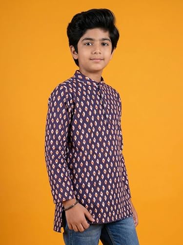 Image of KiddoPanti Boys 100% Cotton Ethnic Motif Printed Short Length Kurta