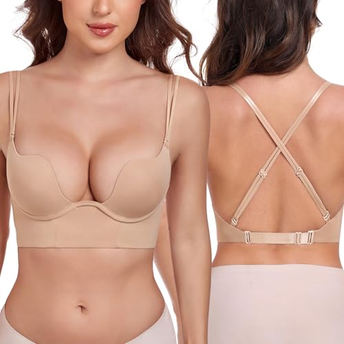 Image of Lemorosy Backless Push Up Bra Low Back Multiway Convertible Deep Plunge Underwire for Support