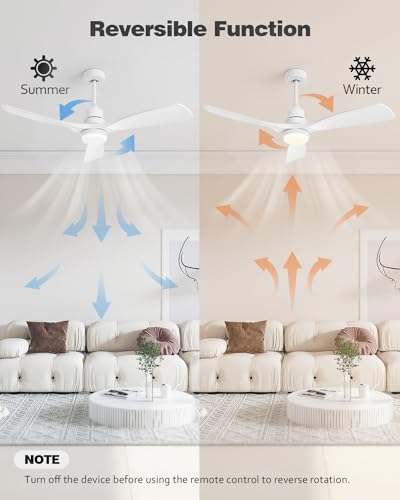 Image of 52 Inch Ceiling Fans with Lights Remote, White Ceiling Fans 3-Color Light, Timer, ETL Listed, 3 Downrods, 3 Blades, 6 Speed Modern Fan Quiet Reversible DC Motor for Patio Outdoor,52in,White