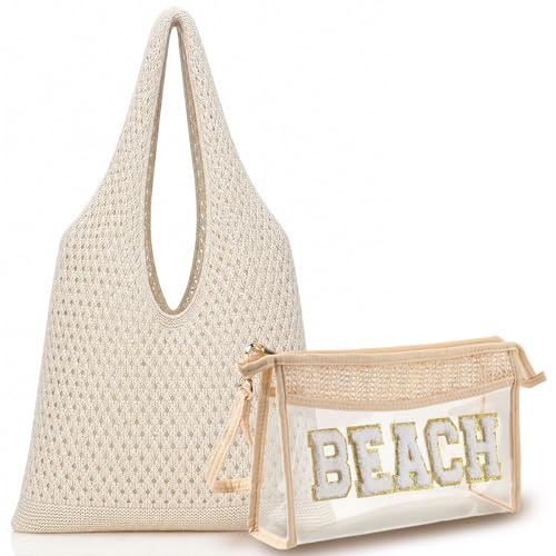 Image of Aliceset 2 Pack Crochet Mesh Beach Tote Bag with Letter Patch Pocket Summer Beach Tote Bohemian Straw Transparent Bag