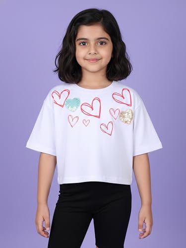 Image of KiddoPanti Girls 100% Cotton Solid Drop Shoulder Half Sleeve Round Neck Crop Tee