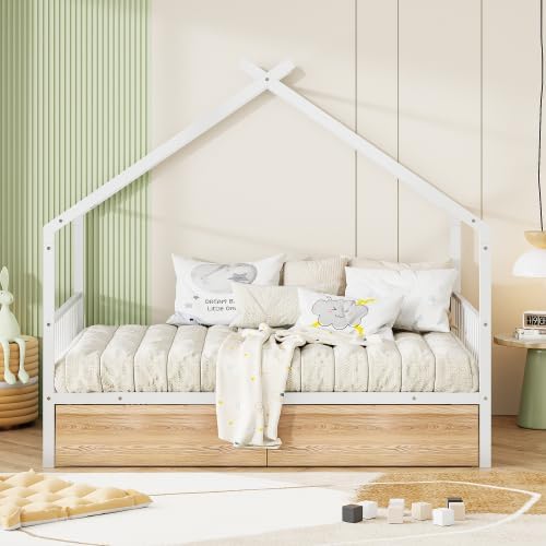 Full Size Metal House Bed, Full House Bed with 2 Drawers, Headboard and Footboard, No Box Spring is Needed, Metal Tent Cabin Beds Frame for Girls, Boys, Teens, White