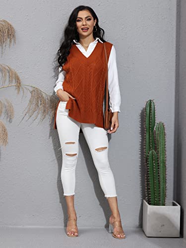 Bwq Sweater Vest For Women Oversized V Neck Sleeveless Plaid Cable Knit Tank Top Sweaters Brown #TOP3