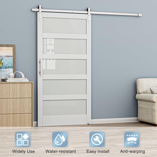 Puerta de granero de vidrio de 42 x 84 pulgadas con kit de herrajes de 7 pies en níquel cepillado; incluye puerta de vidrio esmerilado templado resistente al agua y a arañazos miniatura 2