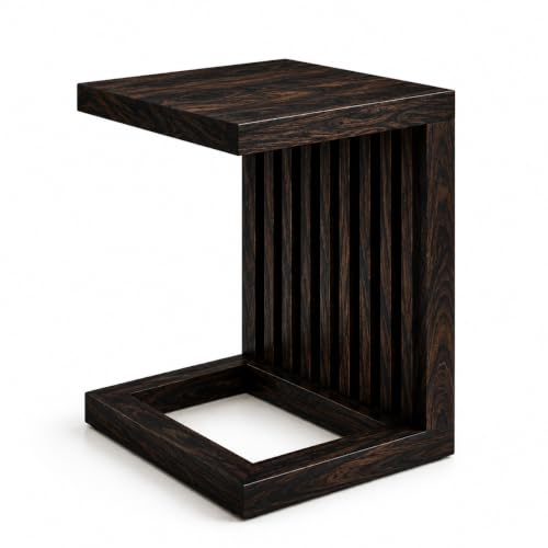 Image of Solid Sheesham Wood C Shape Side Table for Living Room | Modern Sofa End Table | Wooden Laptop Table for Bed | Coffee & Snack Table | Bedside End Table | Black Brown Finish