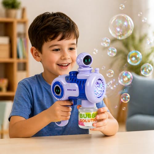 Image of WISHKEY Astronaut Theme Bubble Gun Toy for Kids, Leak-Proof Bubble Blower Machine with Colorful LED Light, Battery Operated Bubble Blaster with 360-Degree Rotating Toy Figure, (Pack of 1, Purple)