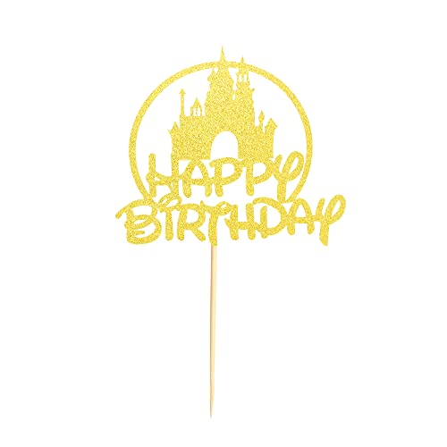 Arthsdite Castle Birthday Cake Topper, Castle Theme Birthday Party Decoration, Princess Prince Happy Birthday Cake Decoration - Gold Glitter #TOP2