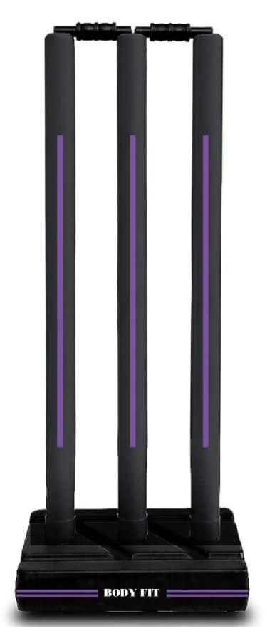 Image of Bodyfit Heavy Cricket Stumps | Plastic Wickets Set with 3 Stumps + 2 Bails + 1 Stand | Full Size Wickets for Cricket Ground, Tournament Wicket. (Black-Purple)
