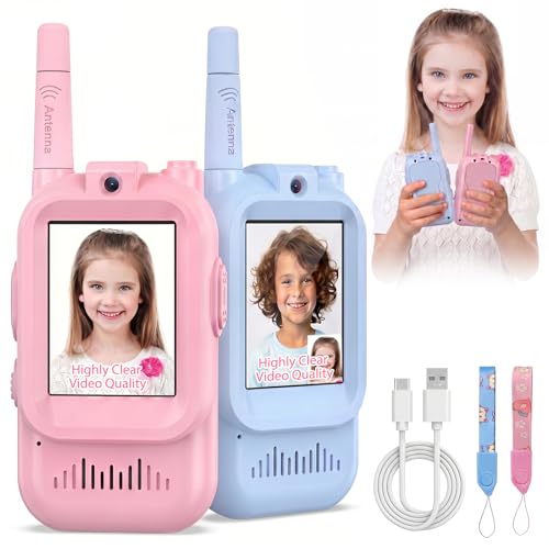 Walkie Talkies for Kids Pack of 2, Rechargeable Long Range Two Way Radios Toys for Boys Girls Age 3-5, Outdoor Adventure Camping Hiking, Birthday with Pink Blue Design