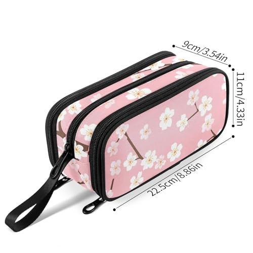 Image of Fustylead White Cherry Blossoms on Pink Background Pencil Pen Case with 3 Compartments, Lightweight & Spacious Stationery Bag Cosmetics Bag