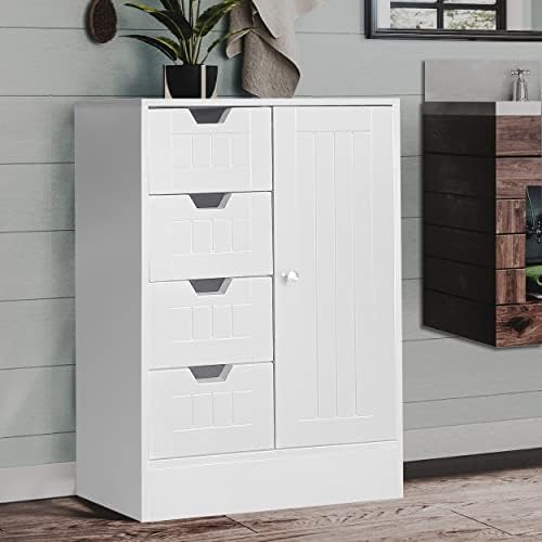 Blisswood Bathroom Storage Floor Cabinet Cupboard Free Standing Wooden Cabinet Storage Unit With 1 Door And 4 Drawer For Bathroom Hallway, Kitchen, Living Room, Entryway 60x30x81cm White