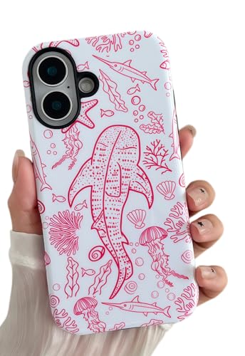 Longlayss Compatible with iPhone 17 Case Cute Summer Whale Shark Sea Ocean Animal Pattern for Women and Girls Shockproof TPU and Hard PC Protective Case - Pink
