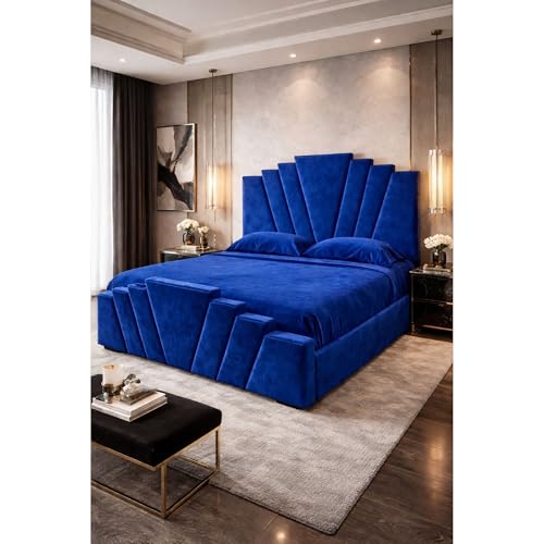 Image of ark future Mayfair Crown Plush Velvet Ottoman Bed Frame with Winged Art Deco Headboard | Luxury Upholstered Storage Bed (Blue Plush Velvet, 4ft- Small Double)
