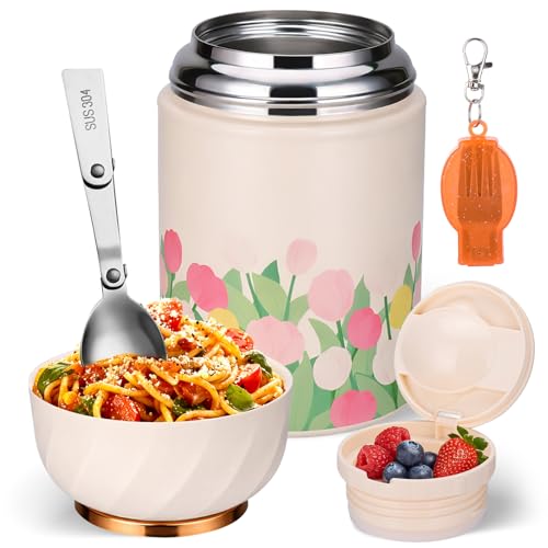 Mity rain 17oz Insulated Thermo Food Container for Hot Food & Drinks,Leak-Proof Stainless Steel Adult Thermo for with Foldable Spoon,Foldable Fork, Suitable for Lunches, Travel