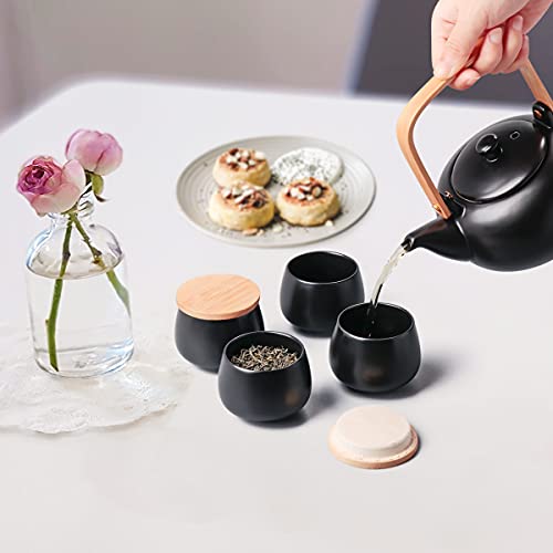 20Oz Ceramic Teapot With 4 Teacup, Japanese Style Porcelain Tea Pot, Loose Leaf And Blooming Tea Maker Tea Caddy Cups Pottery Tea Sets With Bentwood Handle For Women Gift (Gloss Black) #TOP1