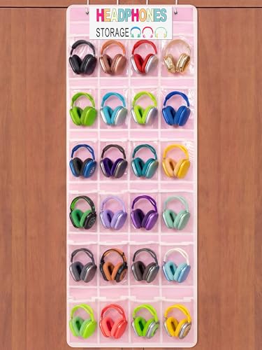 Maasechs Classroom Headphone Storage Organizer 24 PVC Clear Over The Door Hanging Classroom Headphone Holder Pocket with 4 Hooks for School Library(Pink)