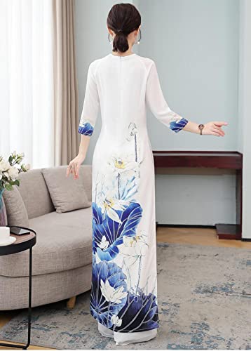 Chinese Style Two Piece Set Women Long Tops Pant Suits Pink White Slim Casual Vintage Harajuku Ao Dai Vietnam 2022 Printed (White,XL,Alpha)4