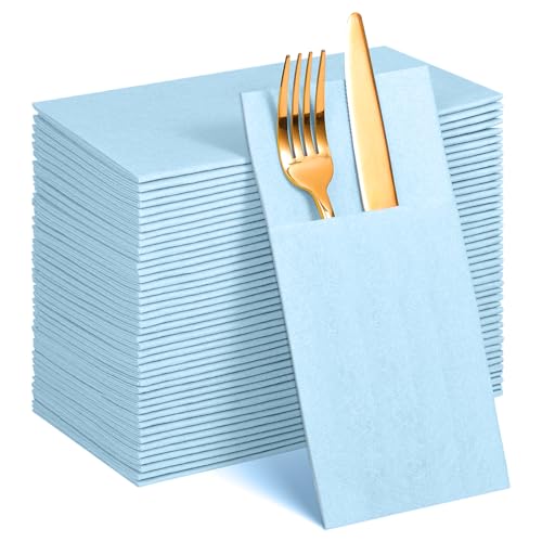 60 Pcs Light Blue Linen-Feel Paper Napkins with Built-in Flatware Pocket Pocket Linen Napkins Prefolded Cloth Like Paper Napkins Bulk for Silverware Easter Wedding Baby Shower Birthday Bridal Party