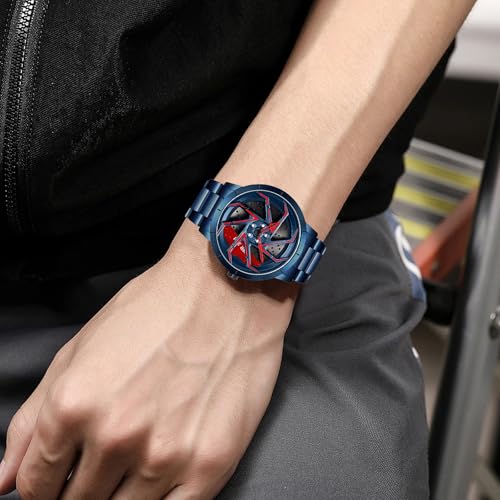 Image of FANMIS Men's Racing Car Wheel Watch 3D Spinning Dial Stainless Steel Watch | Creative 3D Spinning Car Quartz Large Skeleton Face and 30M Water Resistance Designed for Car Fans and Daily Wear.