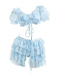 daizbella Womens Bikini Set 40's Retro Vintage Elegant Floral Bikini Swimsuit with Cover-up and Skirt Blue