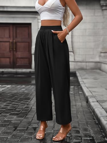 Womens Pleated Wide Leg Pants Elastic High Waist Stretch Casual Trousers with Pockets4