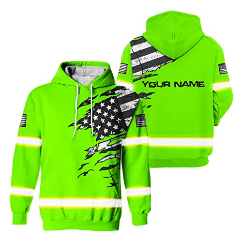Hivis Custom Safety Hoodie Scratch Green Us Flag Customize Name High Visibility Hoodie For Men Reflective Hoodie Hi Vis Construction Workwear For Runners, Walkers, Trucker, Operator, Patriotic-S 2 #TOP26