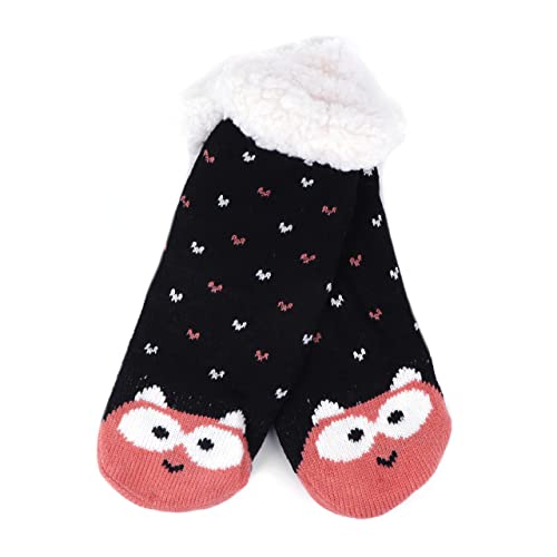 Girls' Kid Cats and Hearts Plush Fuzzy Sherpa Slipper Socks - Black