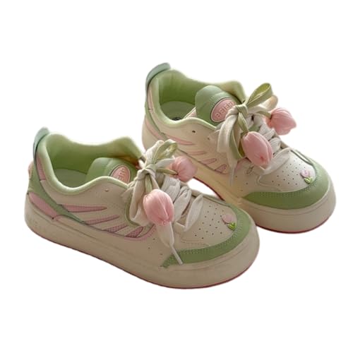 Women's Kawaii Cute Aesthetic Pink Green Versatile Comfortable Chunky Sneakers Casual Walking Sport Shoes 3D Tulip2