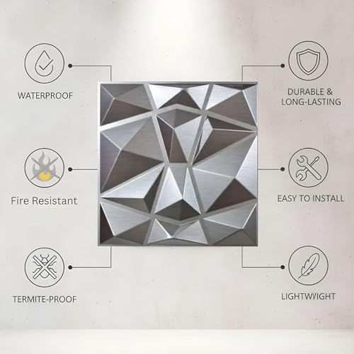 Image of Kayra Decor 3D PVC Wall Panels - Small Diamond Design, Silver Color, 19.7 inch x 19.7 inch (Pack of 18) | Covers 42.28 Sq. Ft. |