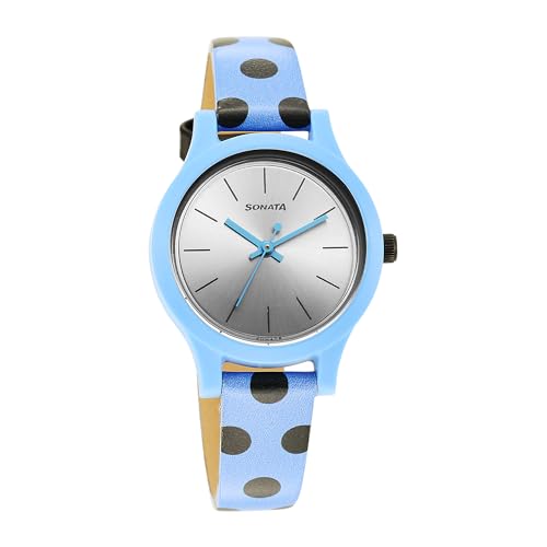 Image of Sonata Dot to Dot - Excl Fkt Plain 3 Hands Silver White Round Dial Dark Blue A1Leather Strap Women's Watch - 87030PL15W