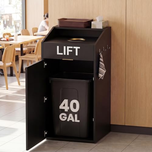 Image of 40 Gallon Commercial Trash Can Cabinet with Tray Holder, Wooden Trash Can Cabinet with Top Cup Slot, Heavy-Duty Restaurant Trash Can with Lift Up Door for Cafe Restaurant Office