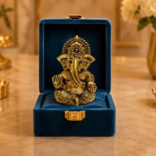 Image of Gold Art India Lord Ganesha Idol with Premium Velvet Gift Box | Decorative Ganpati Murti for Home Temple, Office Desk, Car Dashboard & Spiritual Gifting