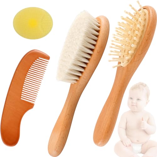 QENWKXZ Conjunto de 4 peças de escova de cabelo e pente de cabelo de lã natural com cerdas macias, p