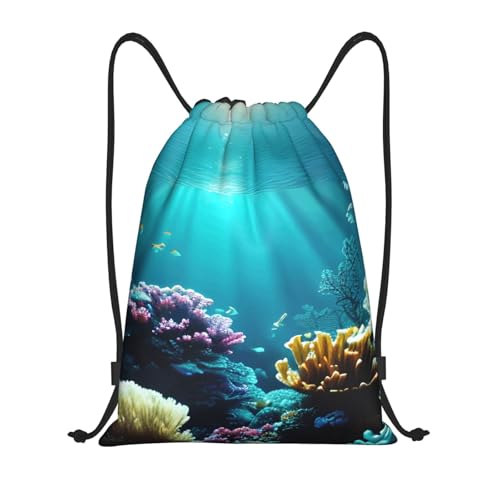 Underwater Scenery Print Drawstring Backpack,210d Polyester Gym Sack,For Sports,Travel And Fitness