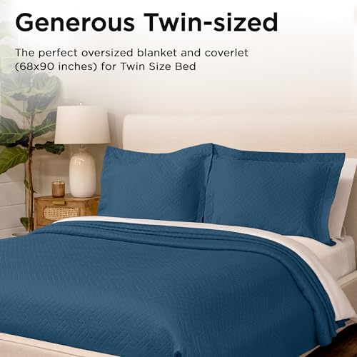 Threadmill Luxury Cotton Blankets for Twin Size Bed | All-Season 100% Cotton Twin Blanket for Bed | Criss Cross Jacquard Lightweight, Soft & Cozy Coverlet, 350GSM, 68x90 inches | Folkstone Blue