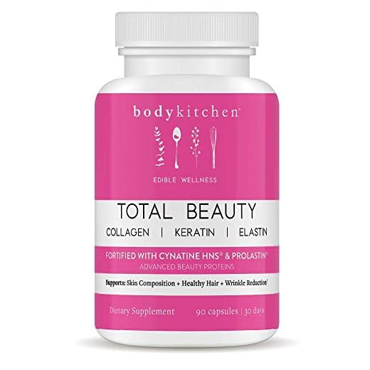 Body Kitchen Total Beauty, Contains 100 mg Elastin, 1000 mg Collagen and 500 mg Keratin for Comprehensive All-in-One Hair, Skin and Nails Support, Veggie Caps, 90 Count