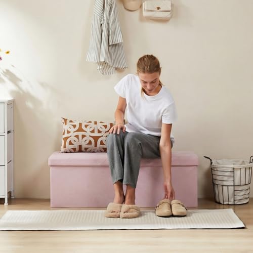 Image of DUMOS 43in Foldable Storage Ottoman Bench, Storage Chest, Large End of Bed Foot Rest Stool with Padded Seat, Bedroom Bench for Living Room, Support 660lbs, Pink