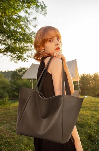 Image of KALIDI Large Tote Bag Vegan Leather Casual Zipper Work Bag Weekender Hobo for Women 16L Oversize Shoulder Travel Purse