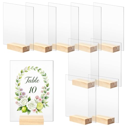 Image of Bercoor 10 Pack 5x7 Inch Blank Clear Acrylic Sign with Wooden Stands, Rectangle Top Acrylic Sheet, DIY Acrylic Rectangle Table Numbers for DIY Name Card Gifts Event Party Sign Decoration