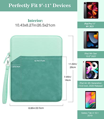 Moko 9-11 Inch Tablet Sleeve Case, Double Pocket Stitching Case Fits Ipad Pro 11 2021, Ipad 9Th 8Th 7Th Gen 10.2, Air 4 10.9/3 10.5, Galaxy Tab S8 11"/Tab A 10.1/S6 Lite Fit Smart Keyboard, Mint Green #TOP1